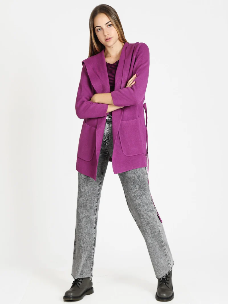 Spolverino donna in maglia con cappuccio e cintura - fucsia