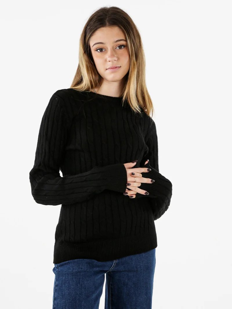 Maglione girocollo da donna a trecce - nero