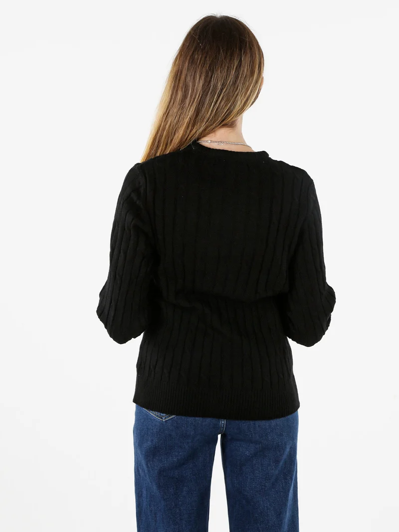 Maglione girocollo da donna a trecce - nero