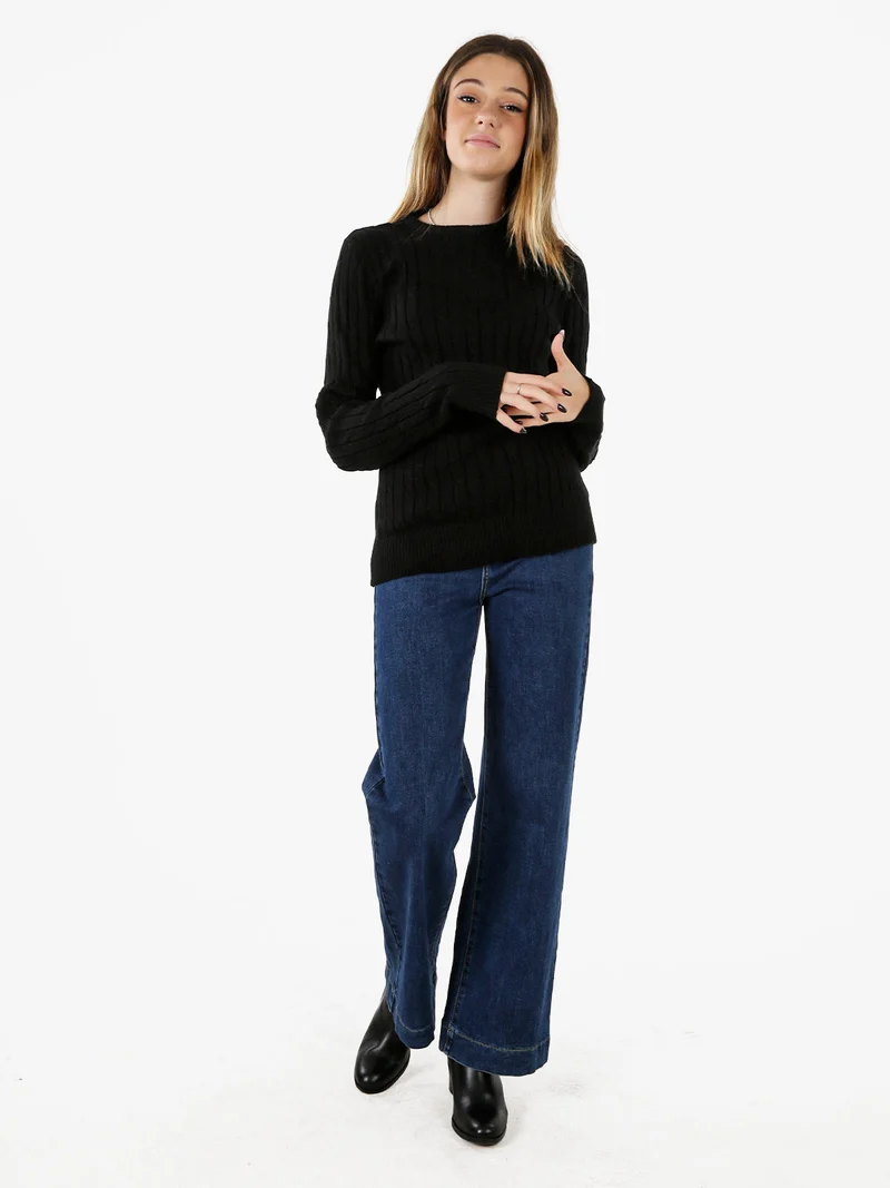 Maglione girocollo da donna a trecce - nero