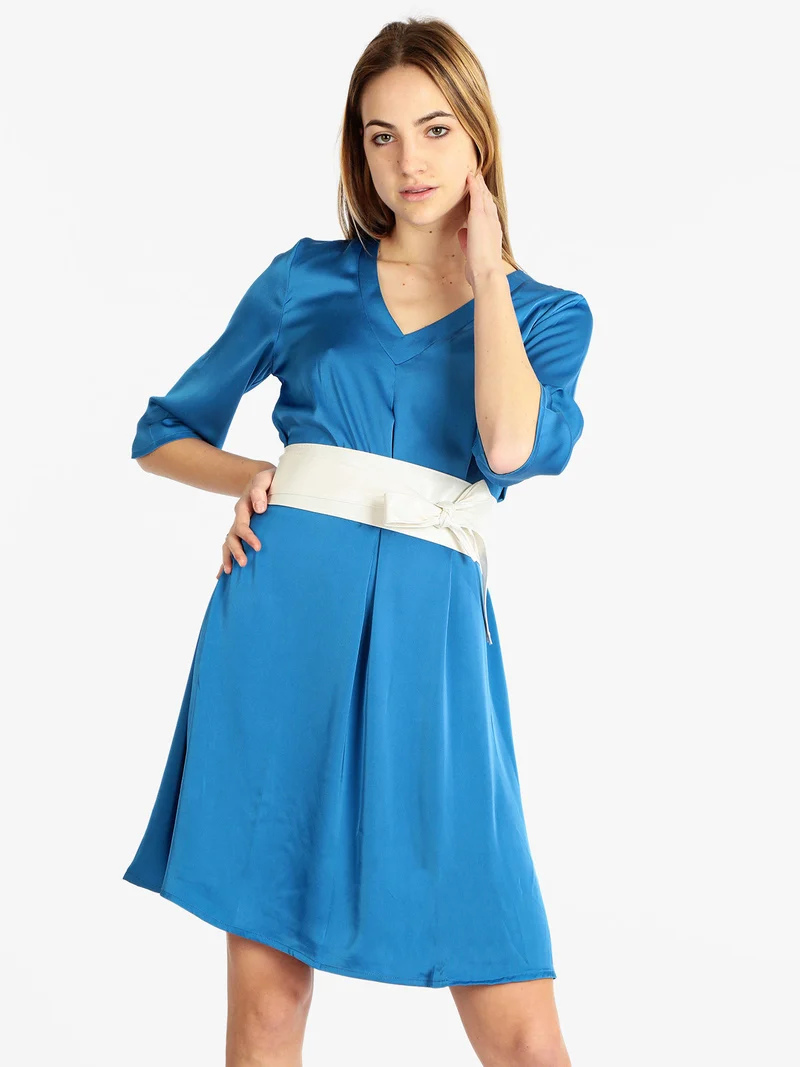 Abito donna effetto seta con manica a 3/4 - blu
