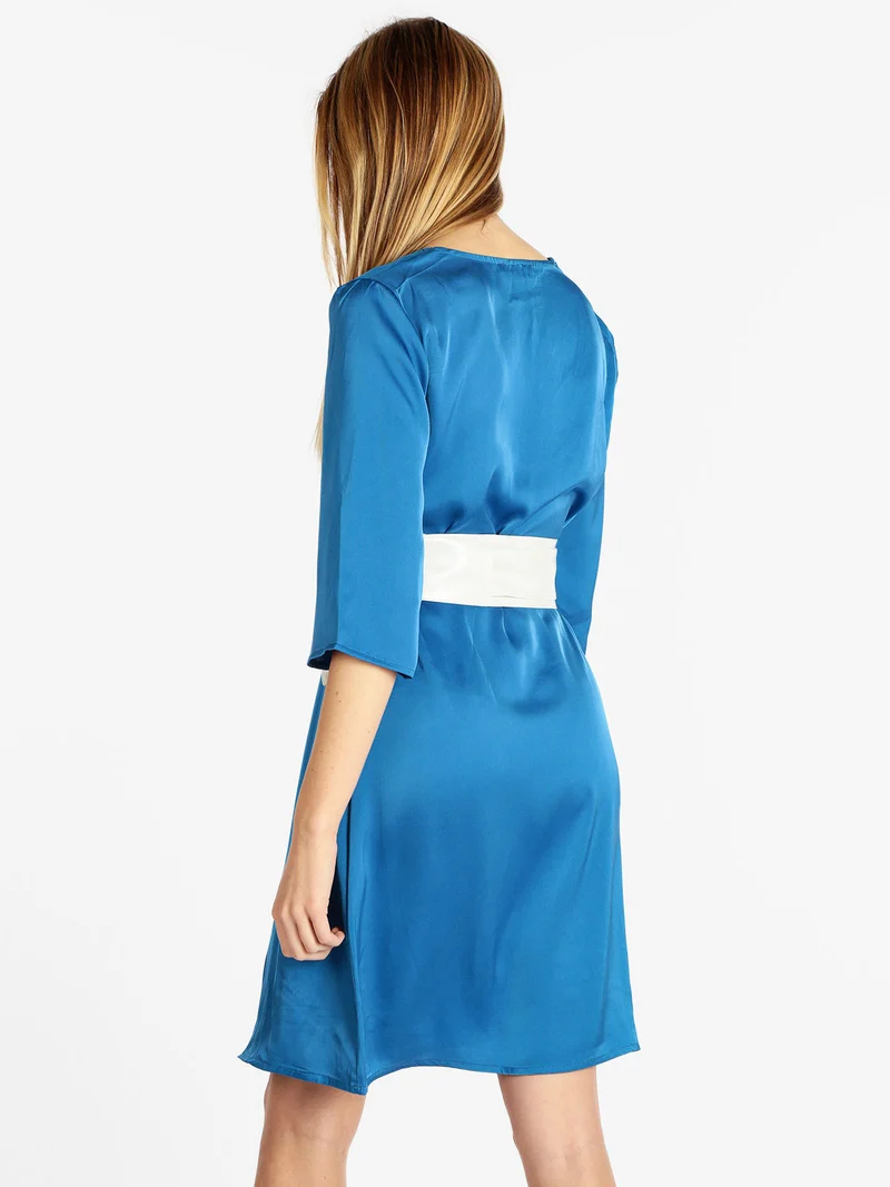 Abito donna effetto seta con manica a 3/4 - blu
