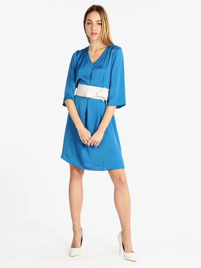 Abito donna effetto seta con manica a 3/4 - blu