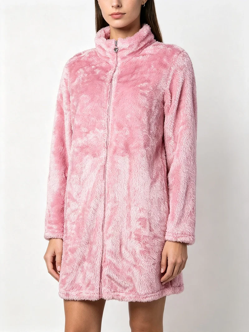 Vestaglia donna in ecopelo full zip - rosa
