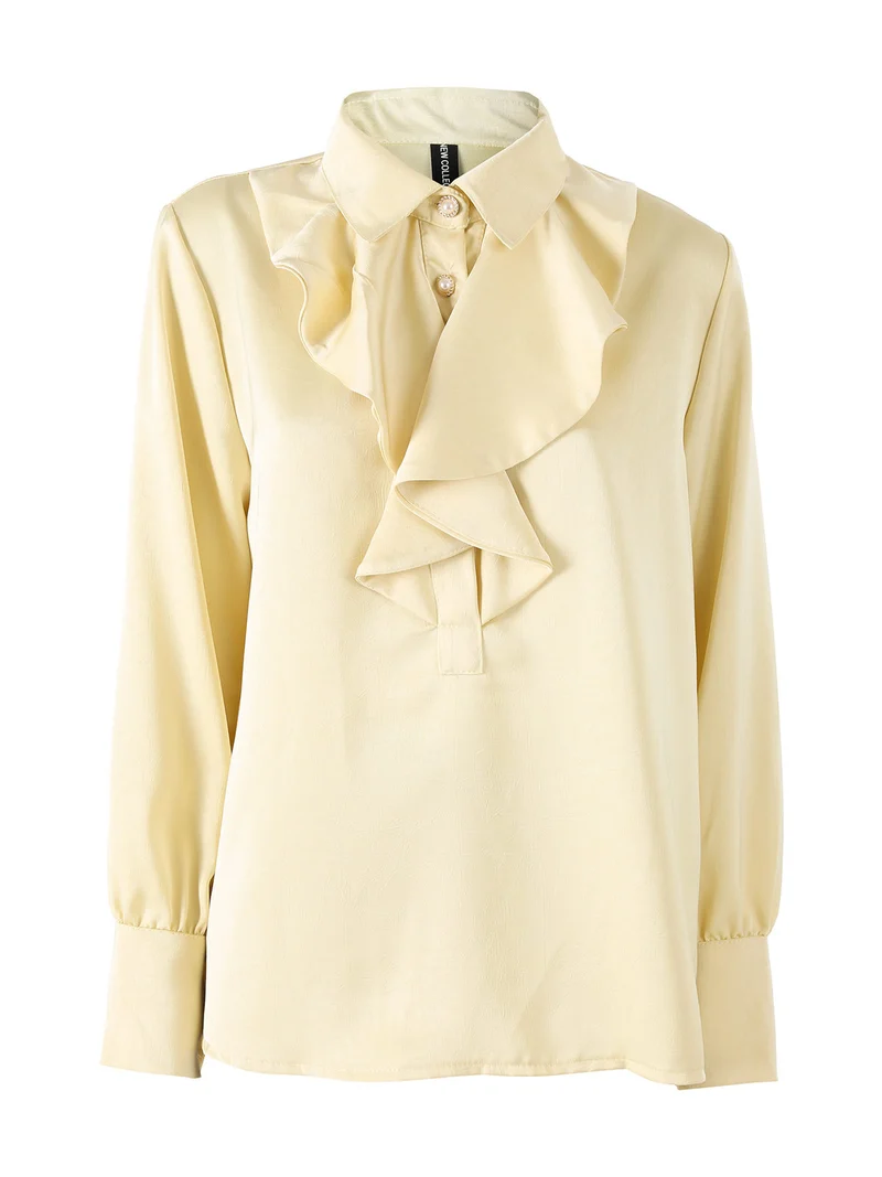 Blusa donna con bottoni di perle e volant sullo scollo - giallo