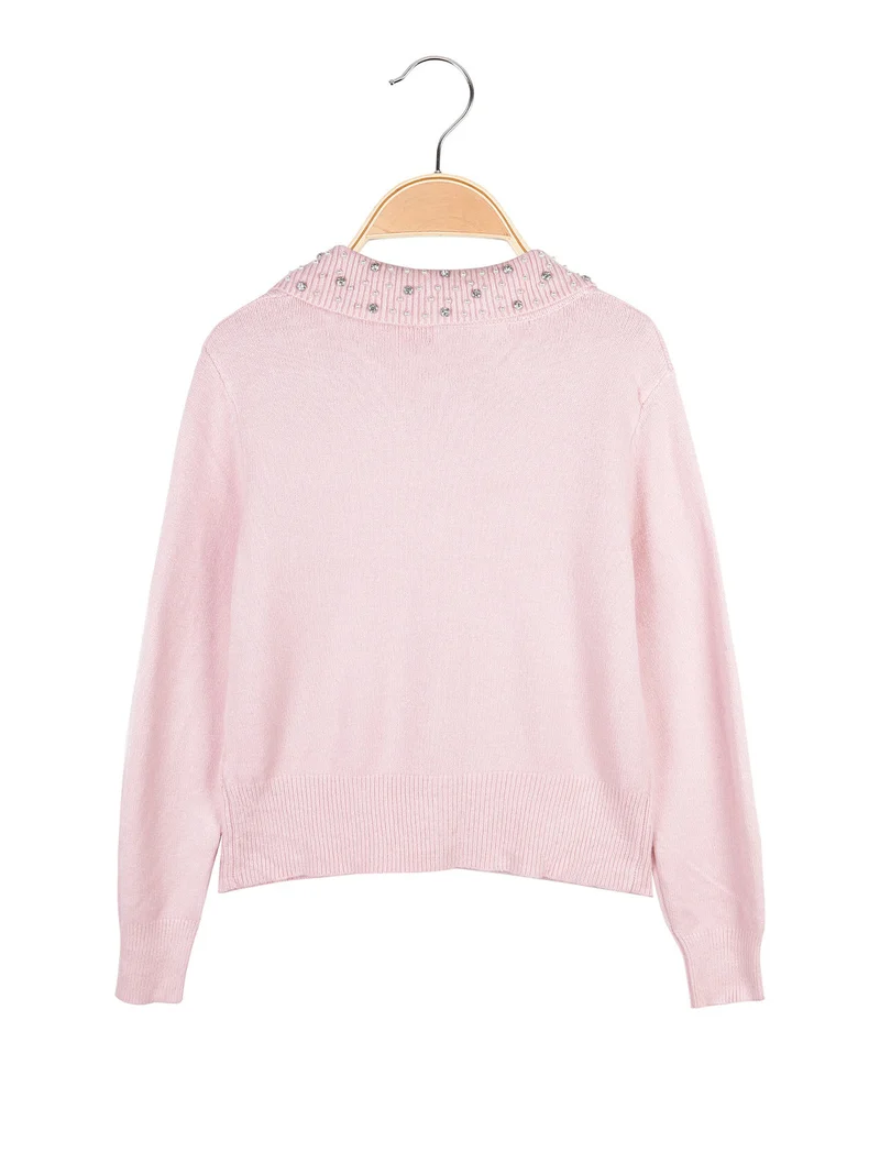 Cardigan da bambina in maglia con bottoni gioiello - rosa