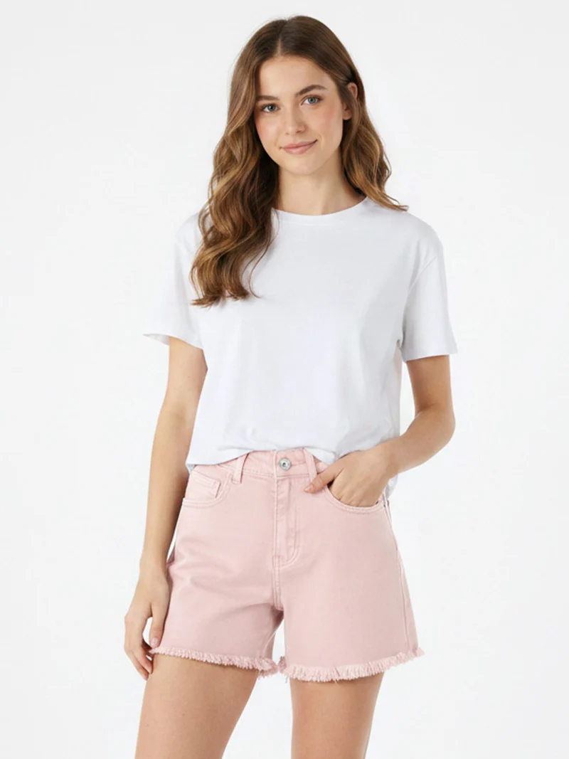 Shorts donna sfrangiati a vita alta - rosa
