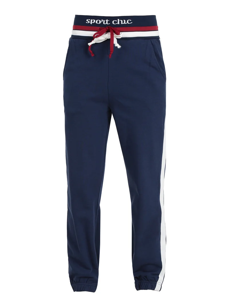 Pantaloni tuta da donna con coulisse e polsini - blu scuro
