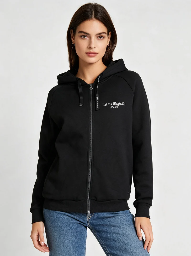 Felpa pesante da donna con cappuccio e zip - nero