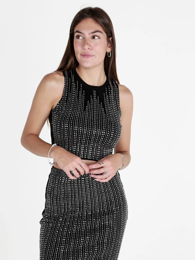 Top donna in maglia con strass - nero