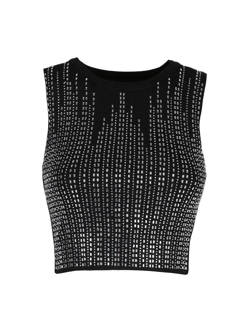 Top donna in maglia con strass - nero