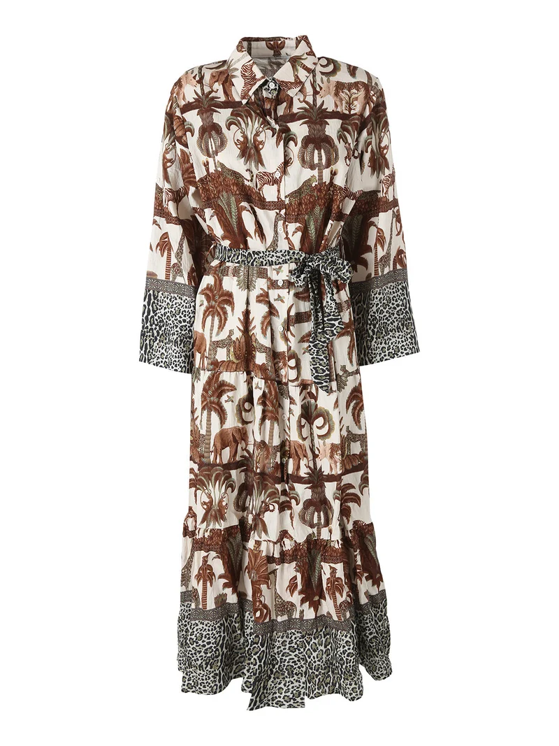 Abito lungo da donna a camicia con stampe e maniche a 3/4 - nero