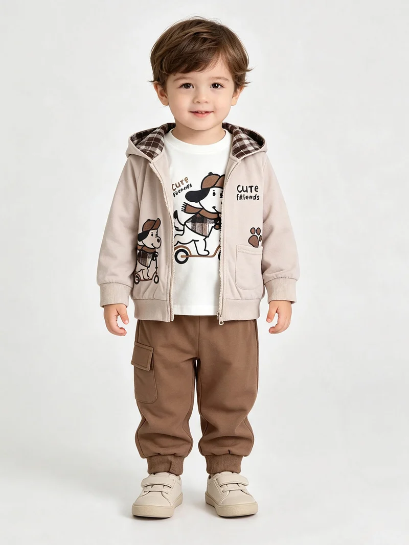Completo 3 pezzi da neonato con cappuccio e zip - sabbia