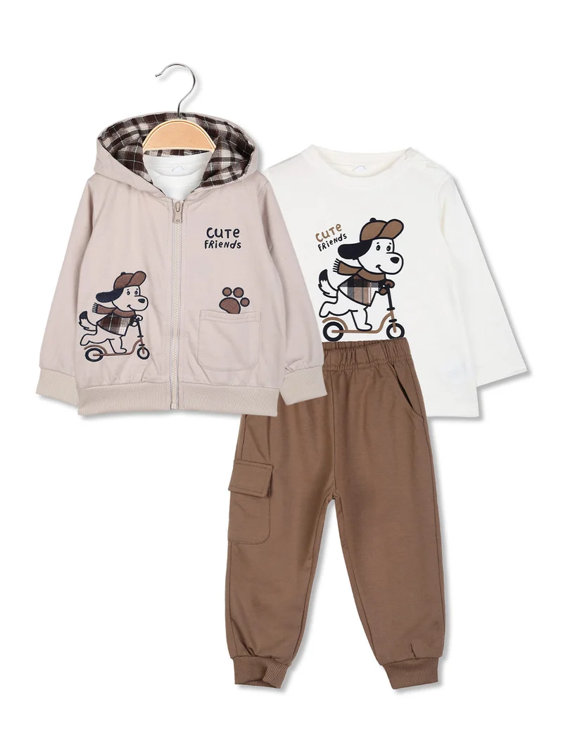 Completo 3 pezzi da neonato con cappuccio e zip - sabbia