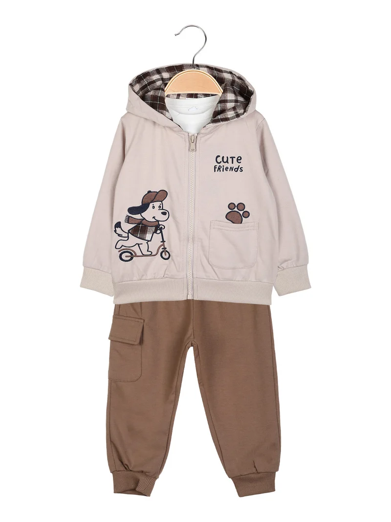 Completo 3 pezzi da neonato con cappuccio e zip - sabbia