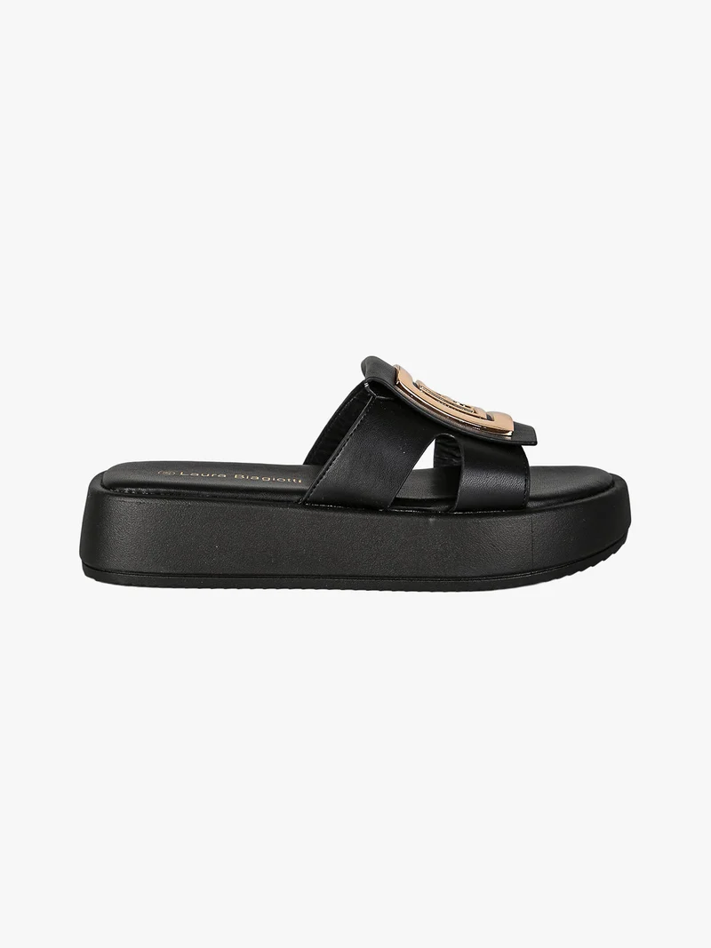 Ciabatte donna con platform e logo dorato - nero