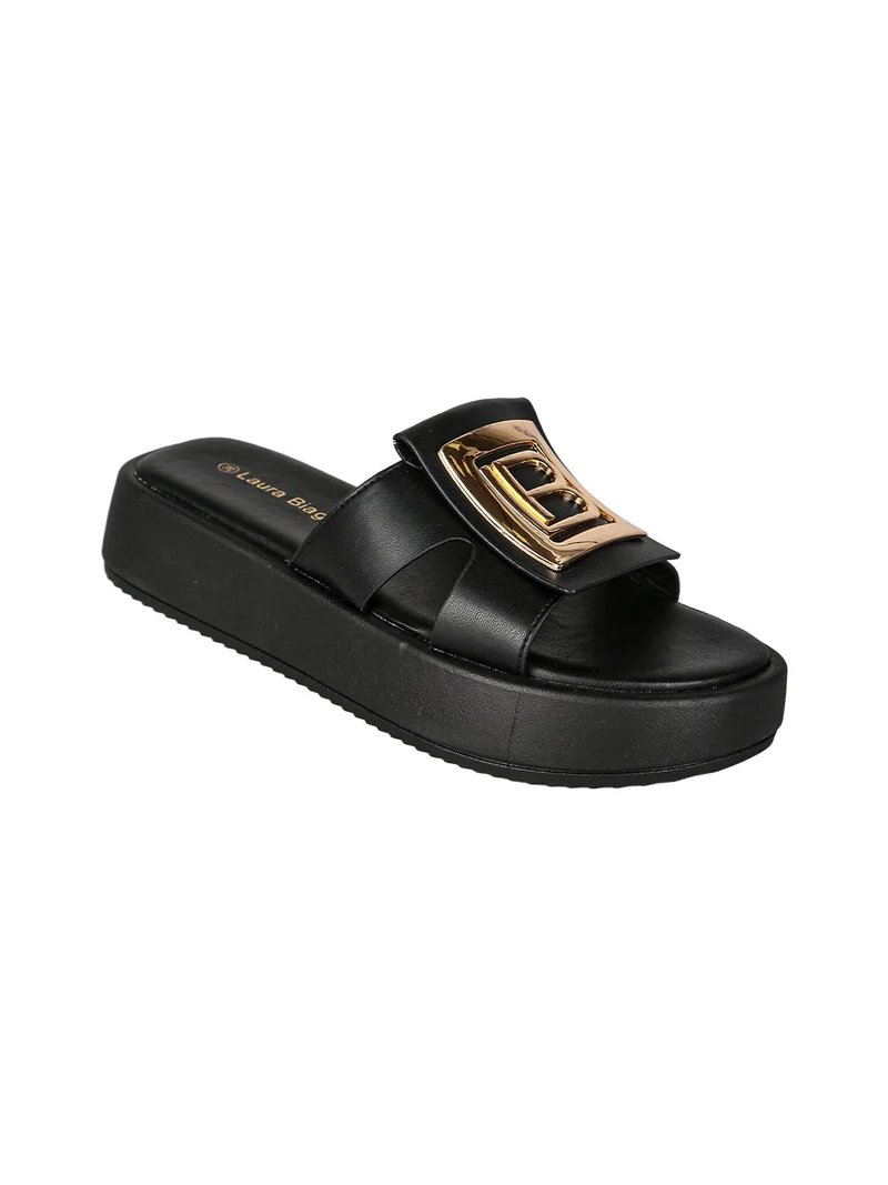 Ciabatte donna con platform e logo dorato - nero