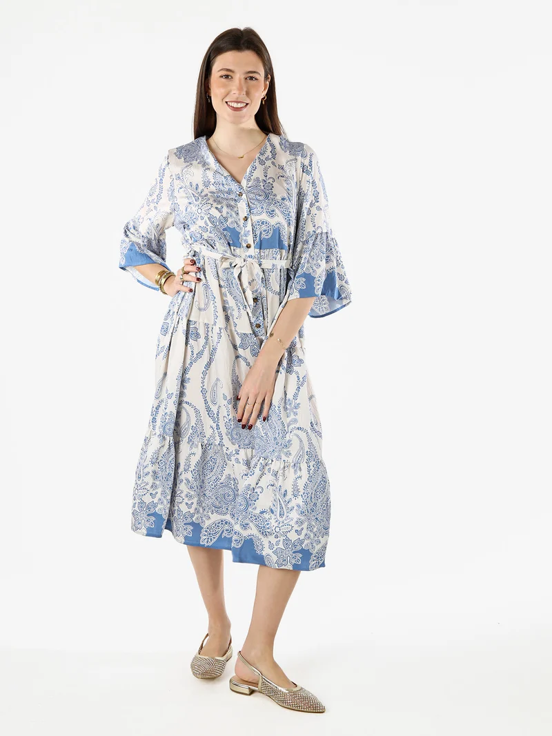 Abito lungo da donna con stampe e maniche corte a campana - azzurro