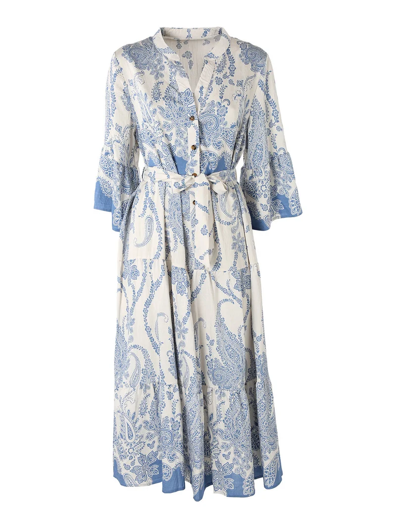 Abito lungo da donna con stampe e maniche corte a campana - azzurro