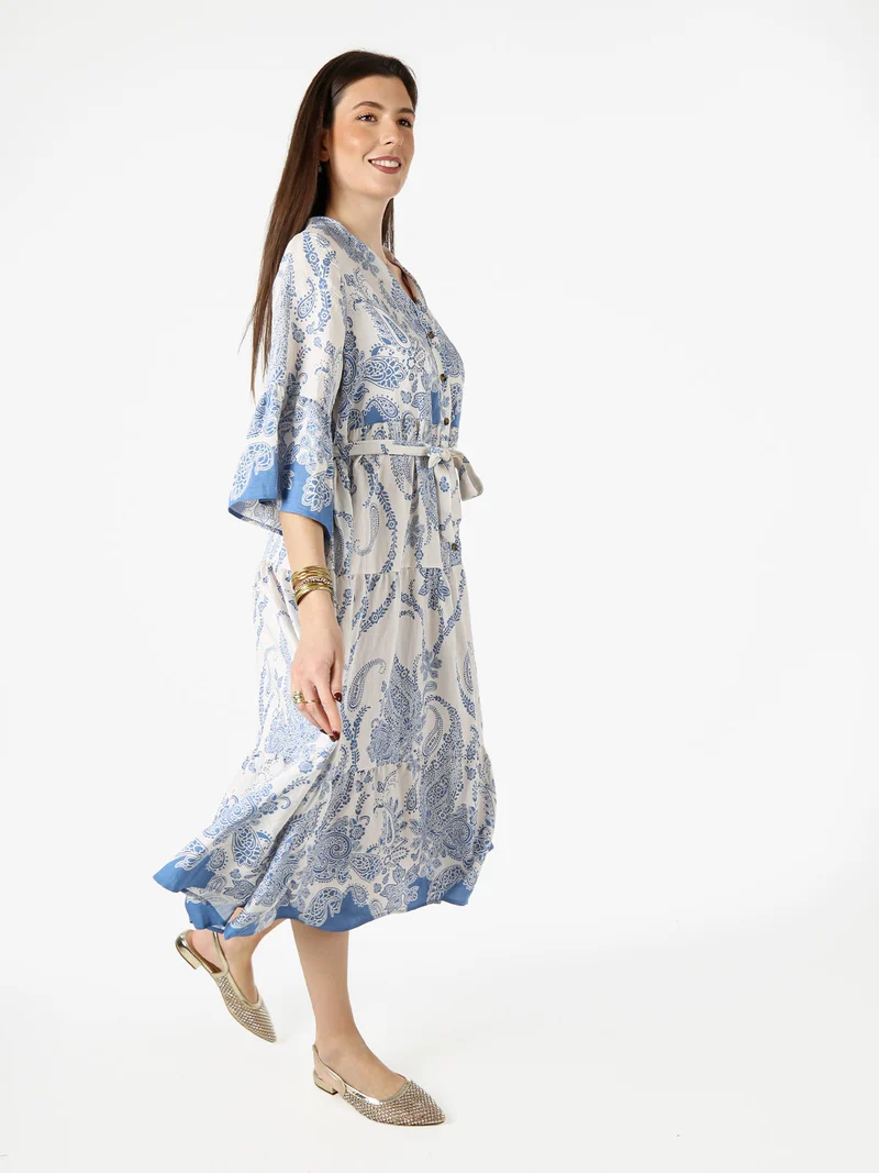 Abito lungo da donna con stampe e maniche corte a campana - azzurro