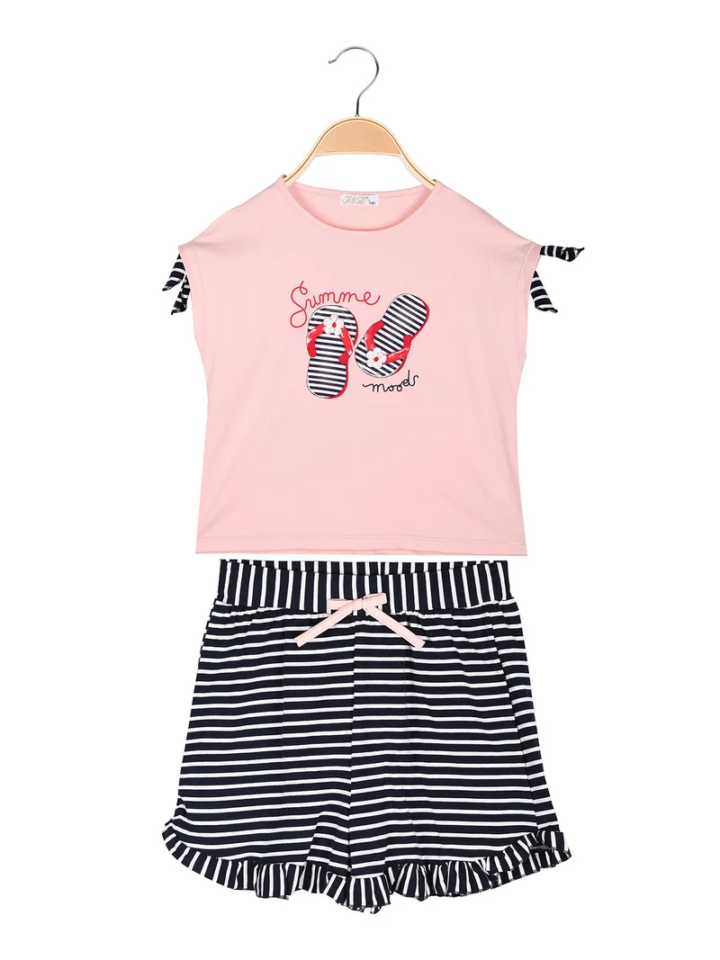 Completo corto da bambina 2 pezzi con shorts a righe - rosa