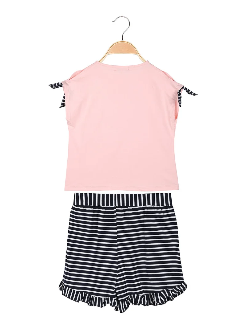 Completo corto da bambina 2 pezzi con shorts a righe - rosa