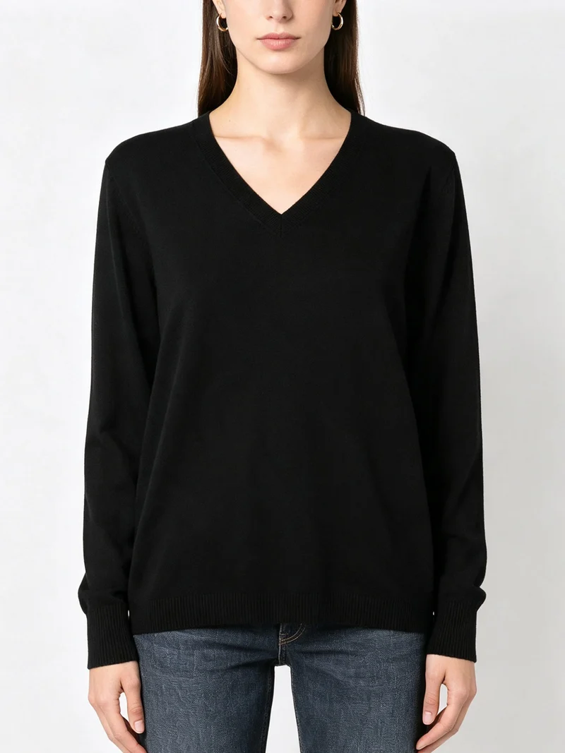 Pullover donna in maglia con scollo a V - nero