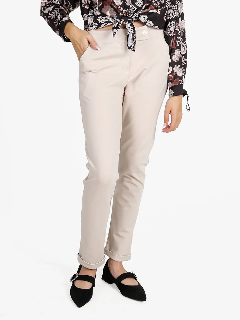 Pantaloni donna a vita bassa con risvolto - beige