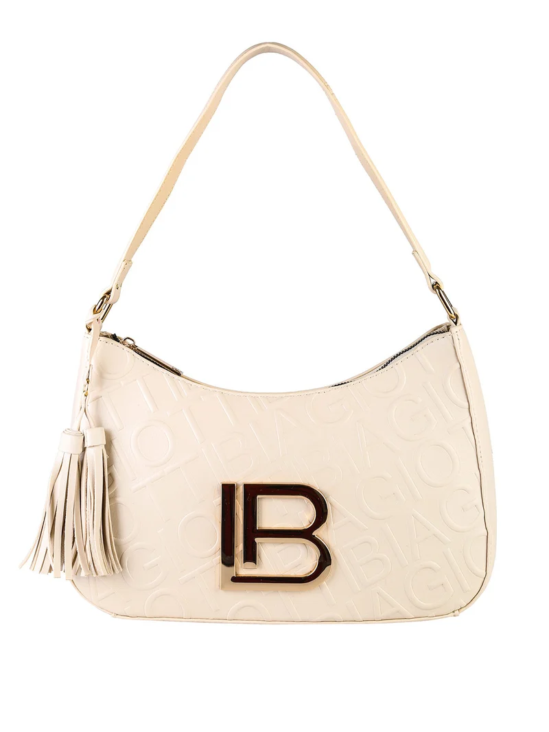 Borsa donna a mezzaluna con nappine - panna
