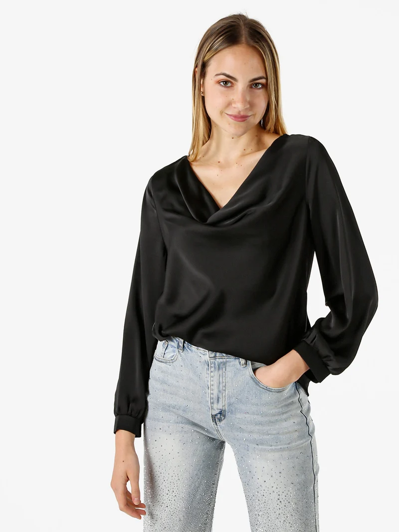 Blusa donna a maniche lunghe in tessuto simil raso con scollo a cascata - nero
