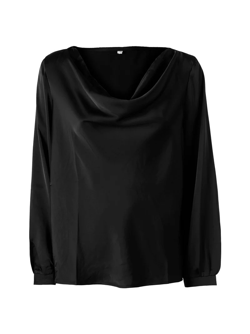 Blusa donna a maniche lunghe in tessuto simil raso con scollo a cascata - nero