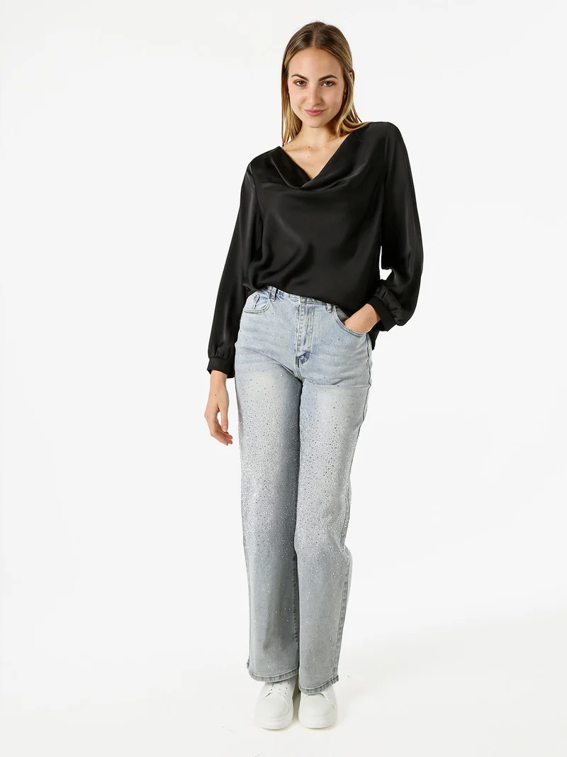Blusa donna a maniche lunghe in tessuto simil raso con scollo a cascata - nero