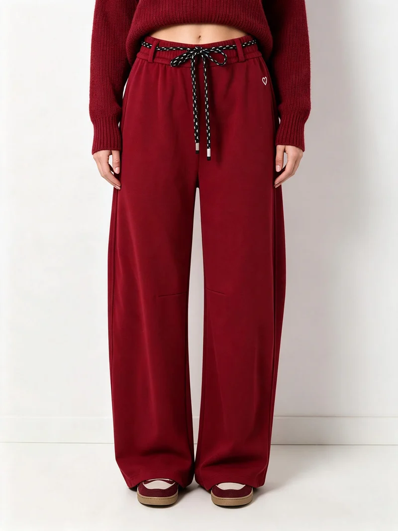 Pantaloni da donna in felpa con elastico in vita - bordeaux