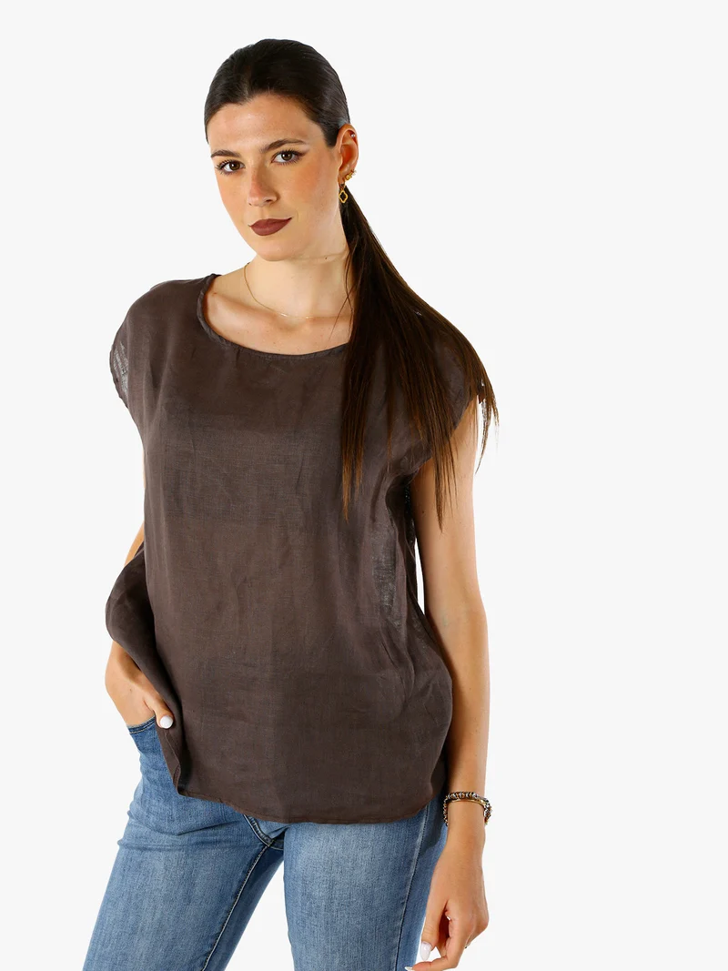 Blusa donna in lino senza maniche - moro