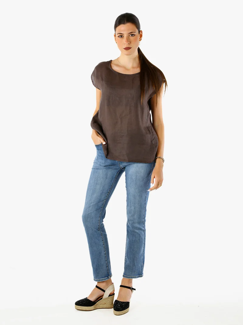 Blusa donna in lino senza maniche - moro