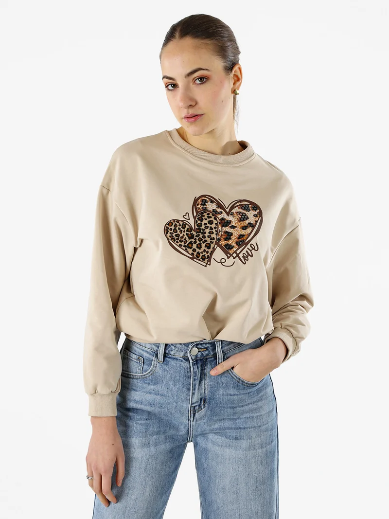 Felpa donna girocollo con stampa cuori animalier - beige