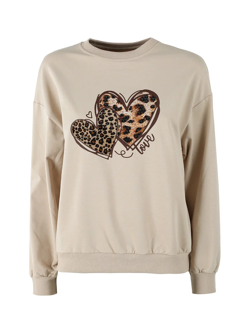 Felpa donna girocollo con stampa cuori animalier - beige