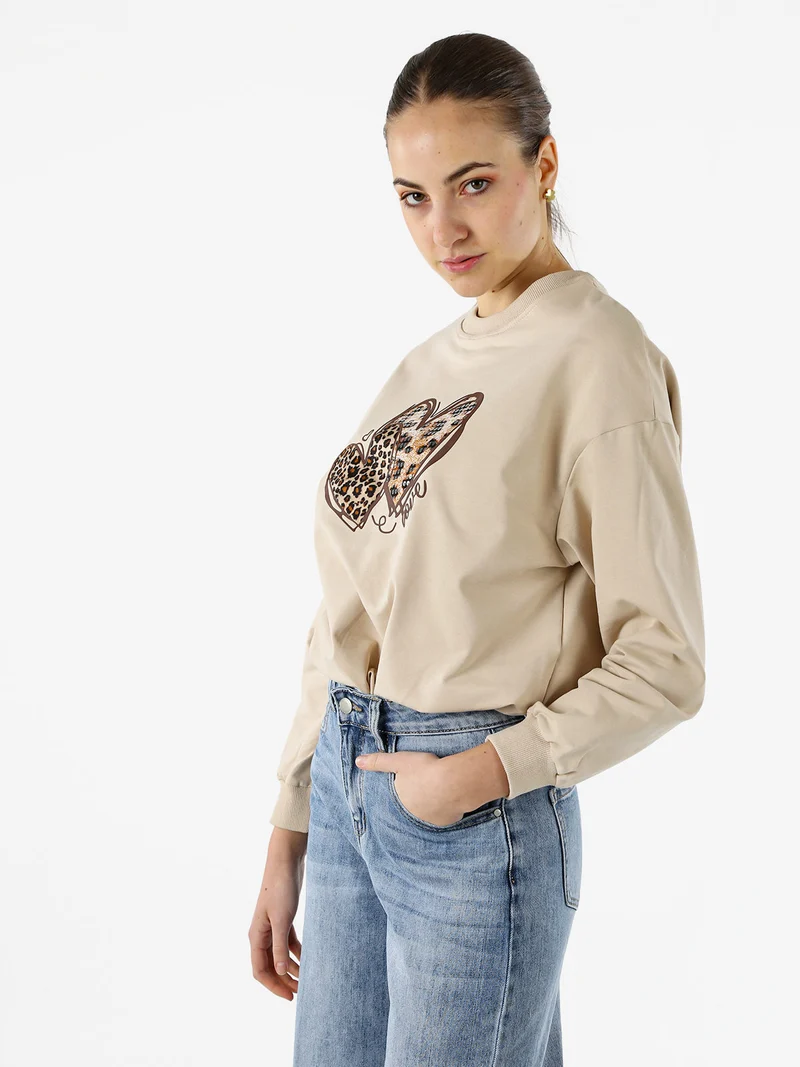 Felpa donna girocollo con stampa cuori animalier - beige