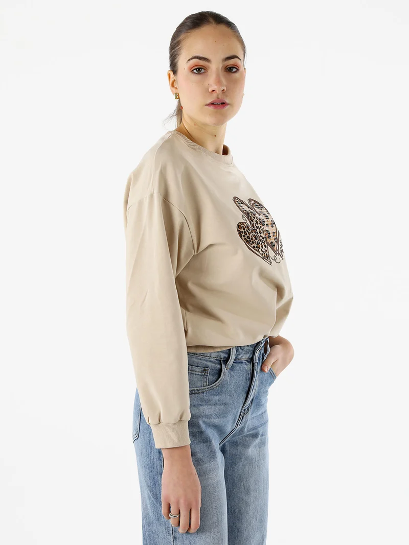 Felpa donna girocollo con stampa cuori animalier - beige