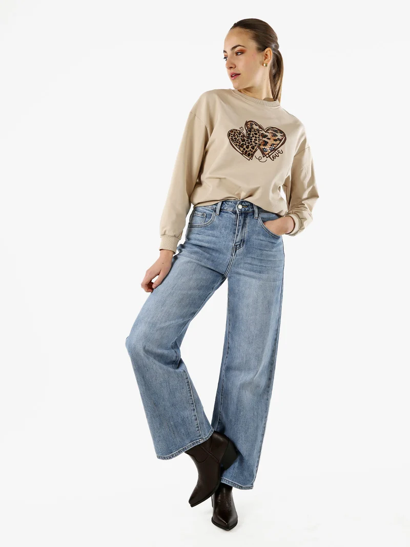 Felpa donna girocollo con stampa cuori animalier - beige