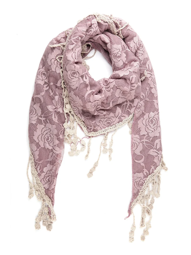 Sciarpa donna con pizzo e nappine - lilla