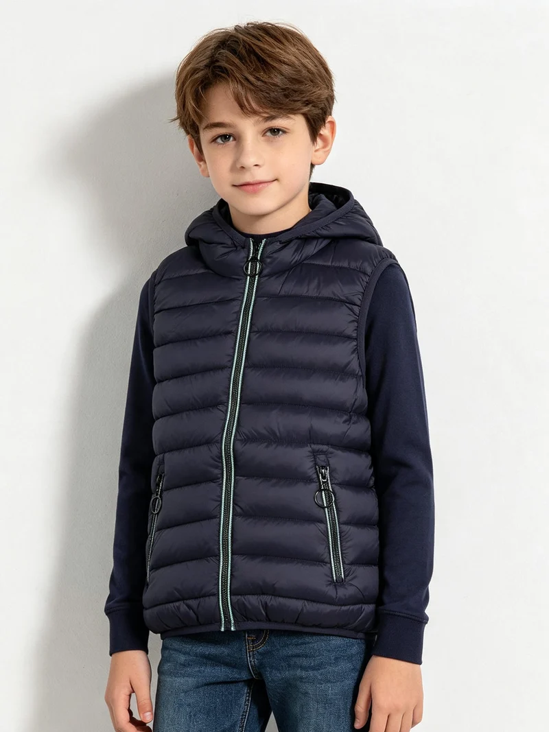 Gilet imbottito da bambino con cappuccio e zip - blu scuro