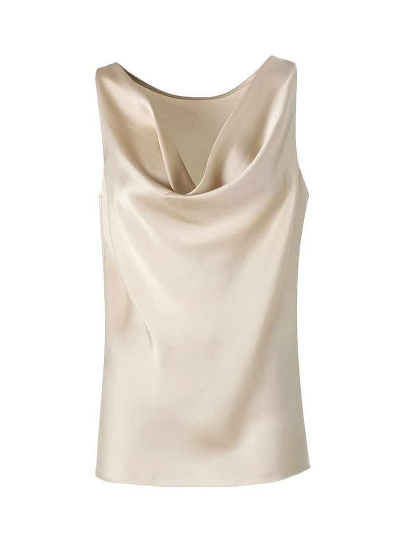 Top donna smanicato con scollo a cascata in tessuto effetto raso - beige