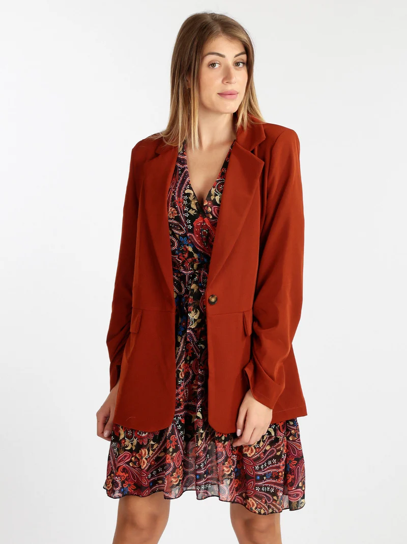 Blazer donna con maniche arricciate - cuoio