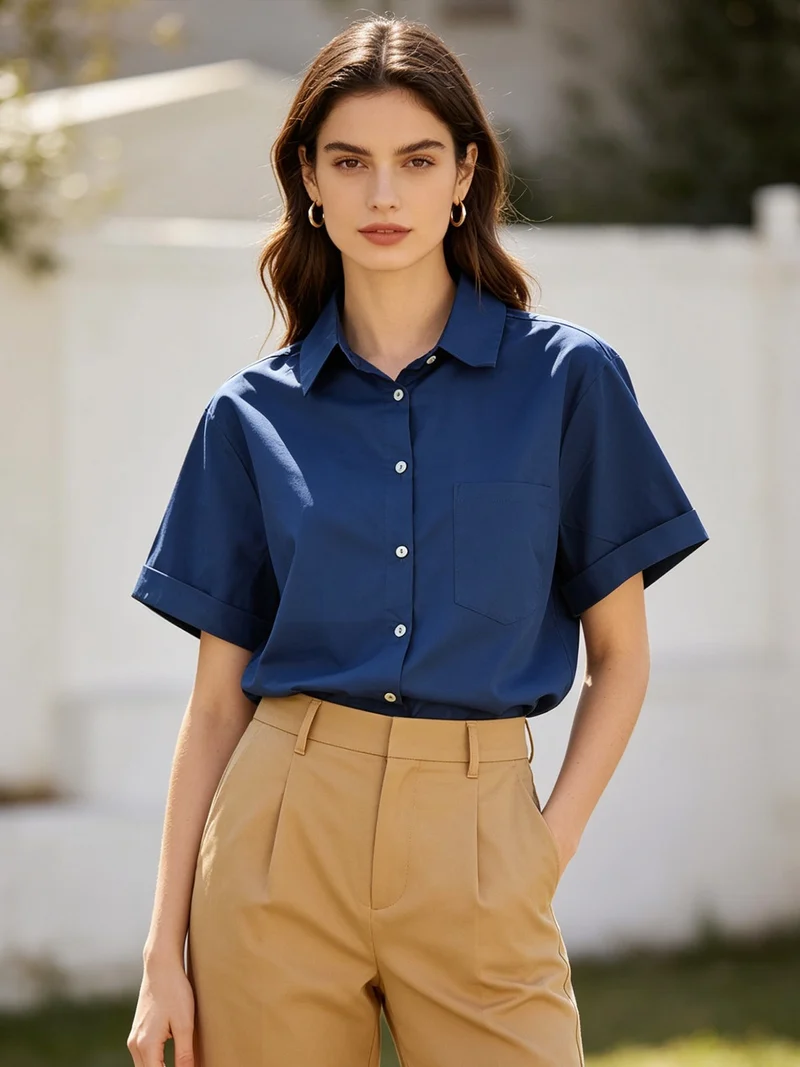 Camicia donna oversize a maniche corte con taschino - blu scuro