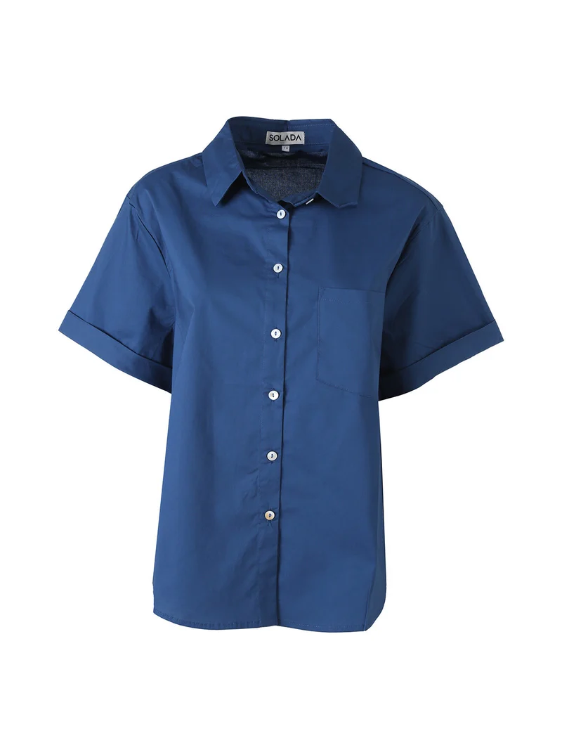 Camicia donna oversize a maniche corte con taschino - blu scuro