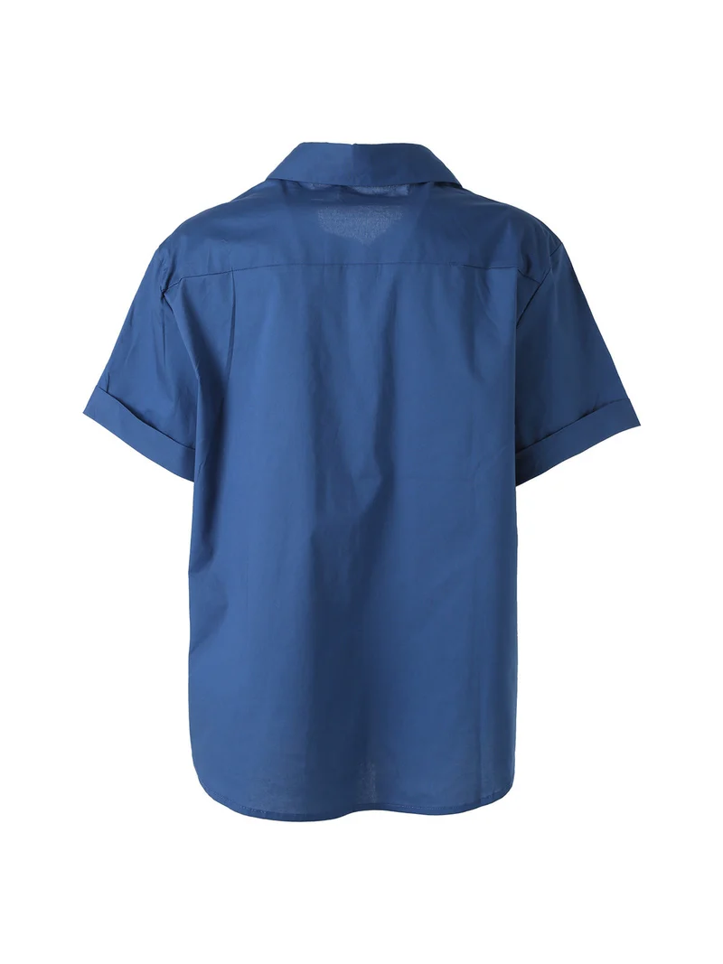 Camicia donna oversize a maniche corte con taschino - blu scuro