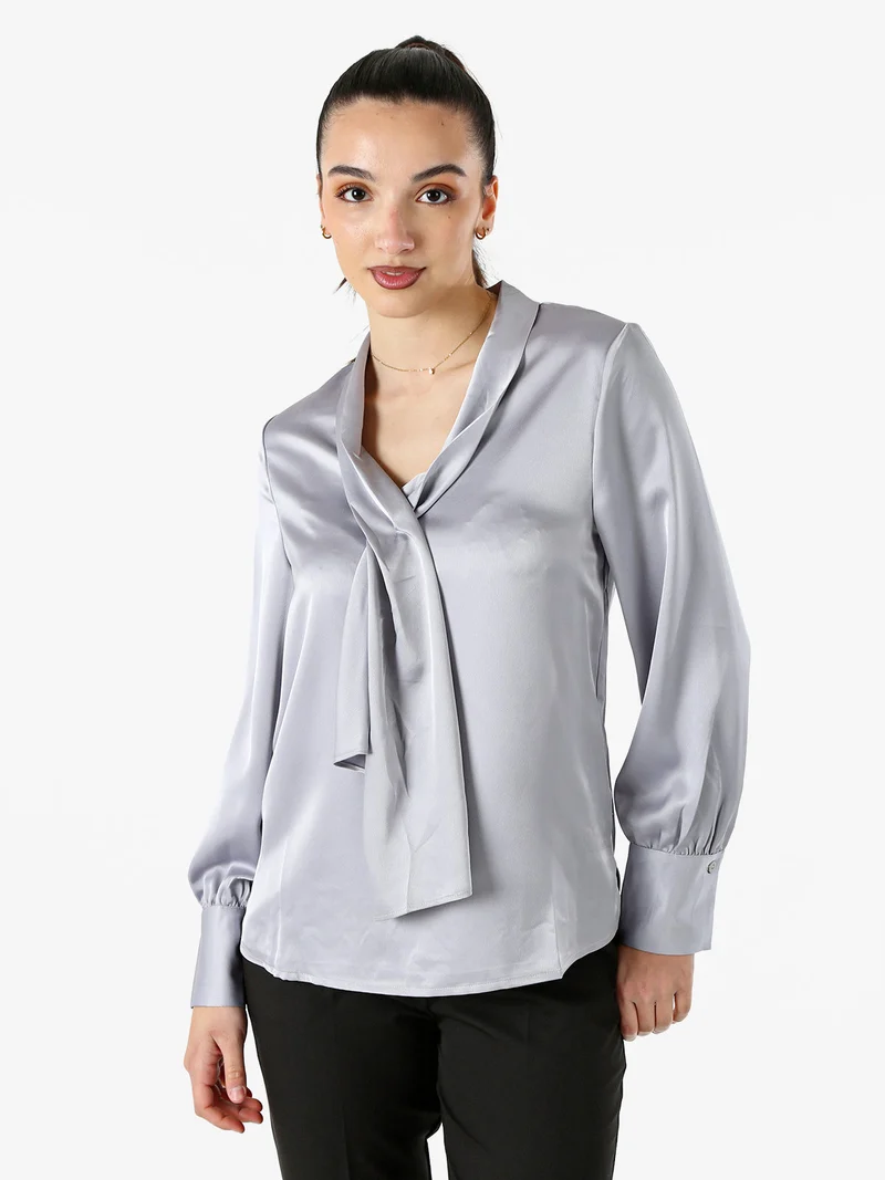 Blusa donna a maniche lunghe in tessuto simil raso - grigio