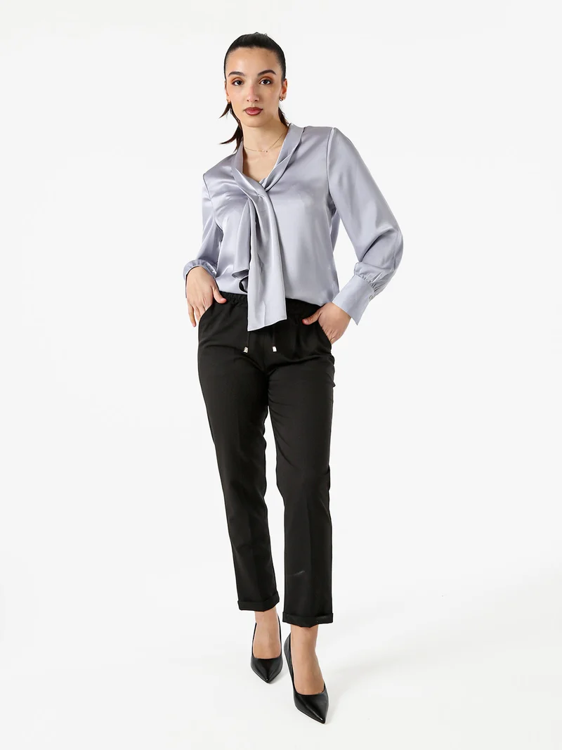 Blusa donna a maniche lunghe in tessuto simil raso - grigio