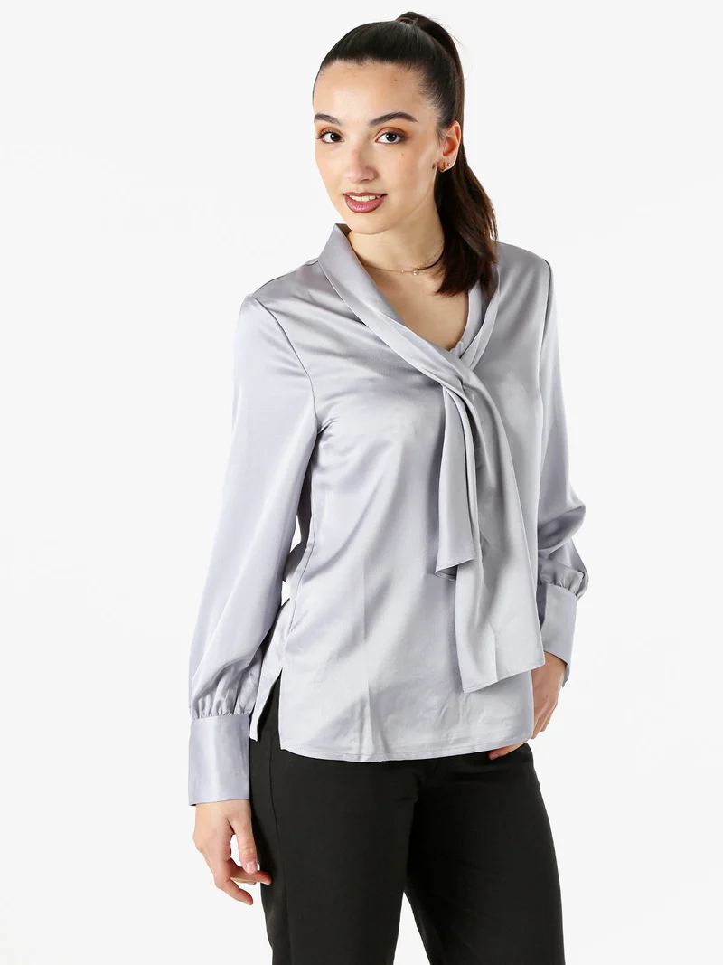 Blusa donna a maniche lunghe in tessuto simil raso - grigio